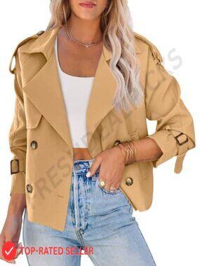 Women Crop Double Breasted Trench Coat Short Cropped Jacket Windproof